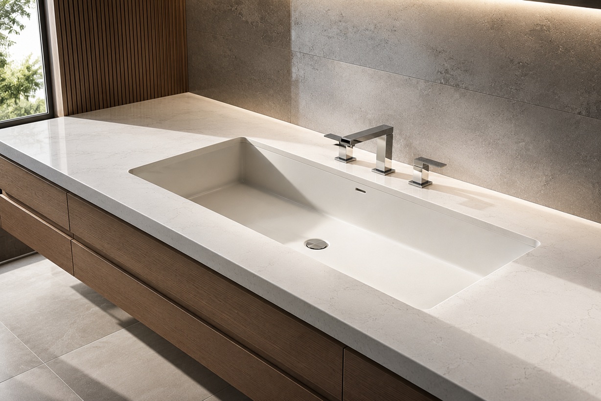 Large contemporary bathroom sink with spacious countertop illustrating standard sink proportions